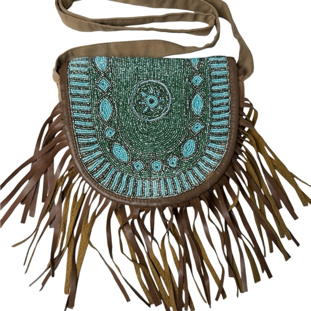 Beaded Fringe Crossbody Bag - Green turquoise and Brown 46” Strap Boho Country - Picture 12 of 12